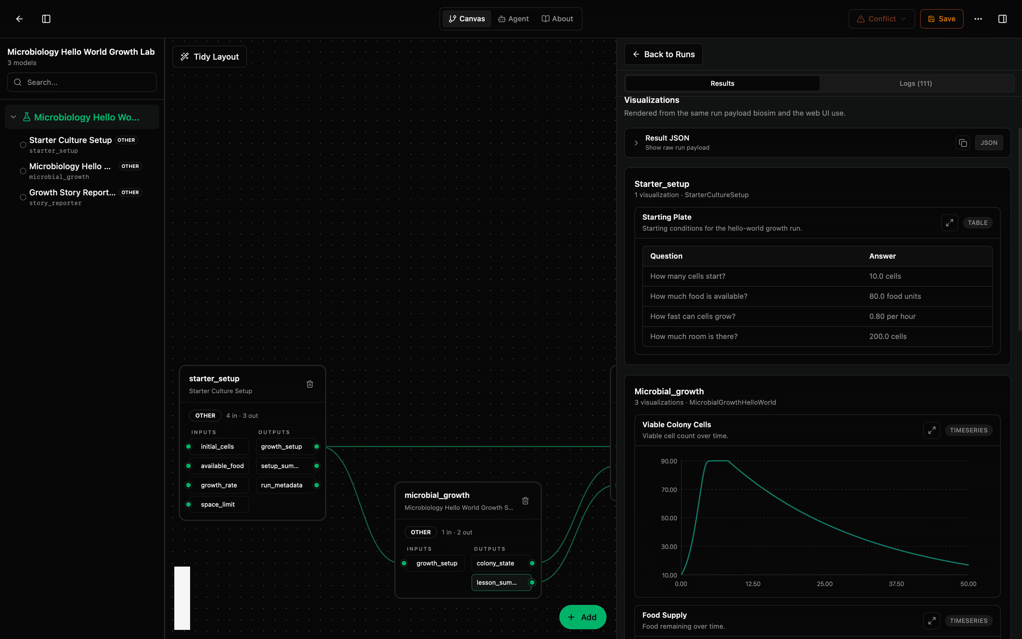 Desktop results overview with starter setup and viable-cell decline