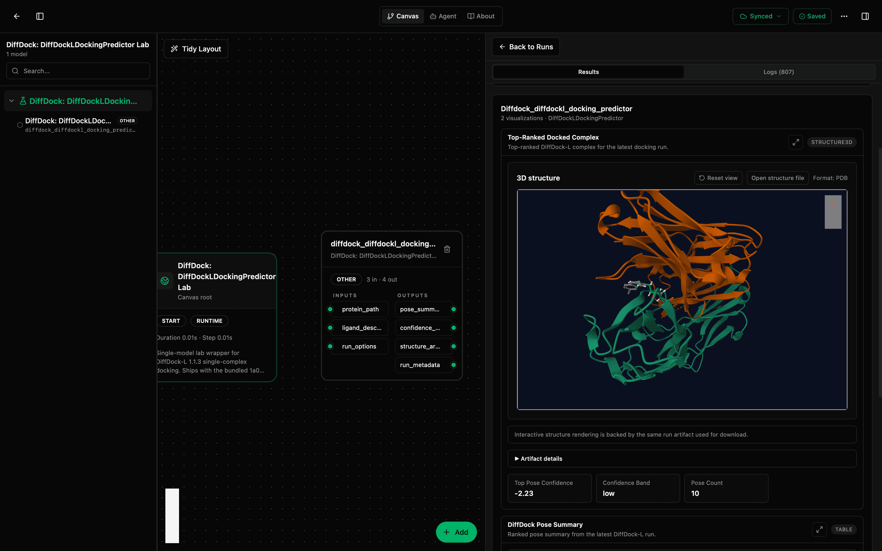 DiffDock-L canvas with top-ranked docked complex structure view